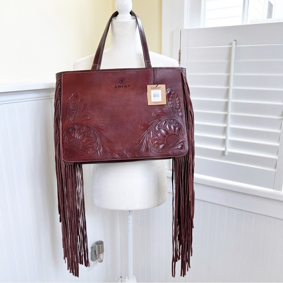 Ariat Handbags - Ariat Brown Tooled Leather Fringe Trim Victoria Concealed Carry Satchel NEW